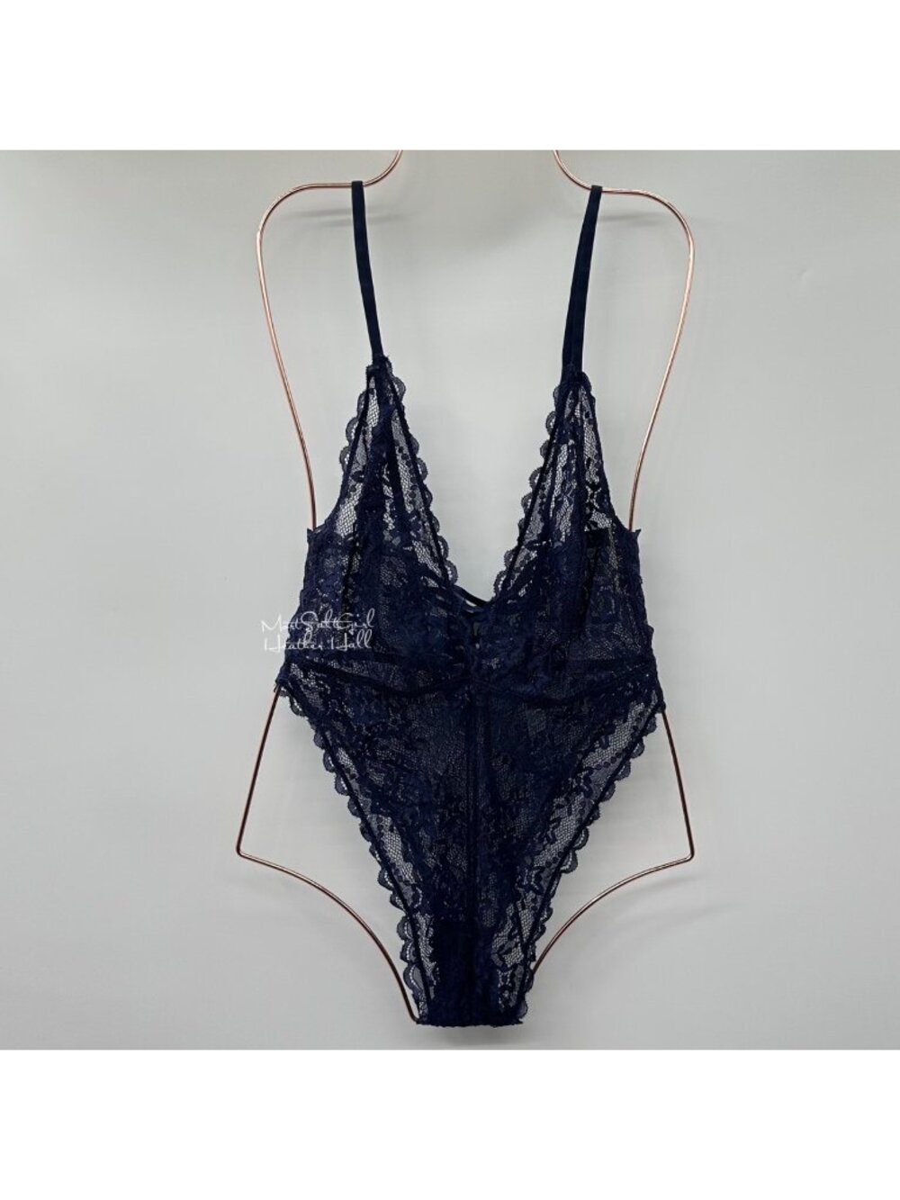 Just Sexy Lingerie NWT Navy Blue Lace Bodysuit with Deep V-Neck Size Medium
